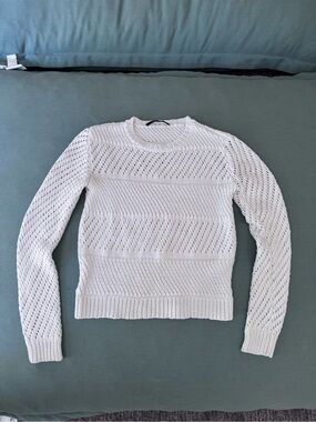 Jenni Kayne White Open-Knit Crewneck Sweater
